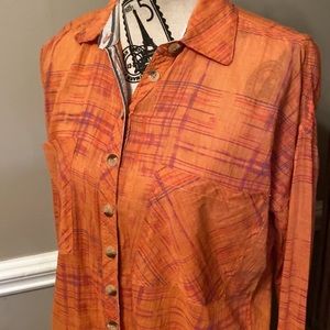 Free People Women’s XS Light Orange Button Down Collared Shirt Top Pockets